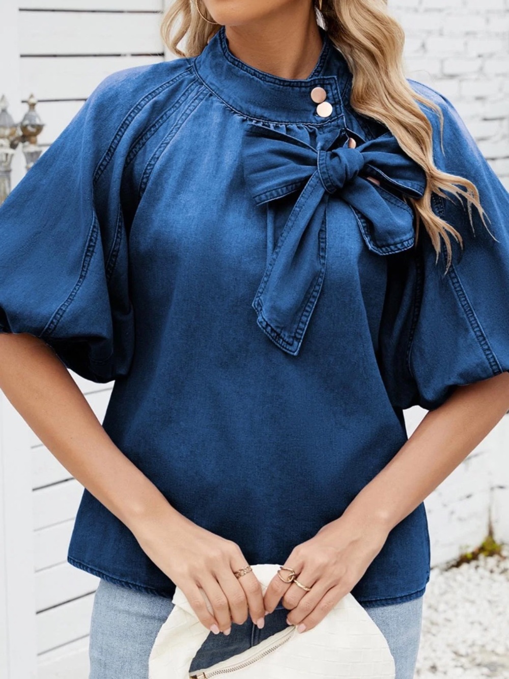 Denim Blouse Bow Tie ButtonUp Mock Neck Jean Shirt Elastic Puff Sleeve Loose Fit - Picture 4 of 7